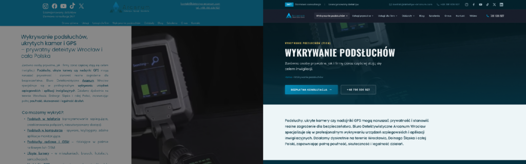 Ta sama podstrona usługi: wersja na Wixie i przebudowana we własnym motywie WordPressa